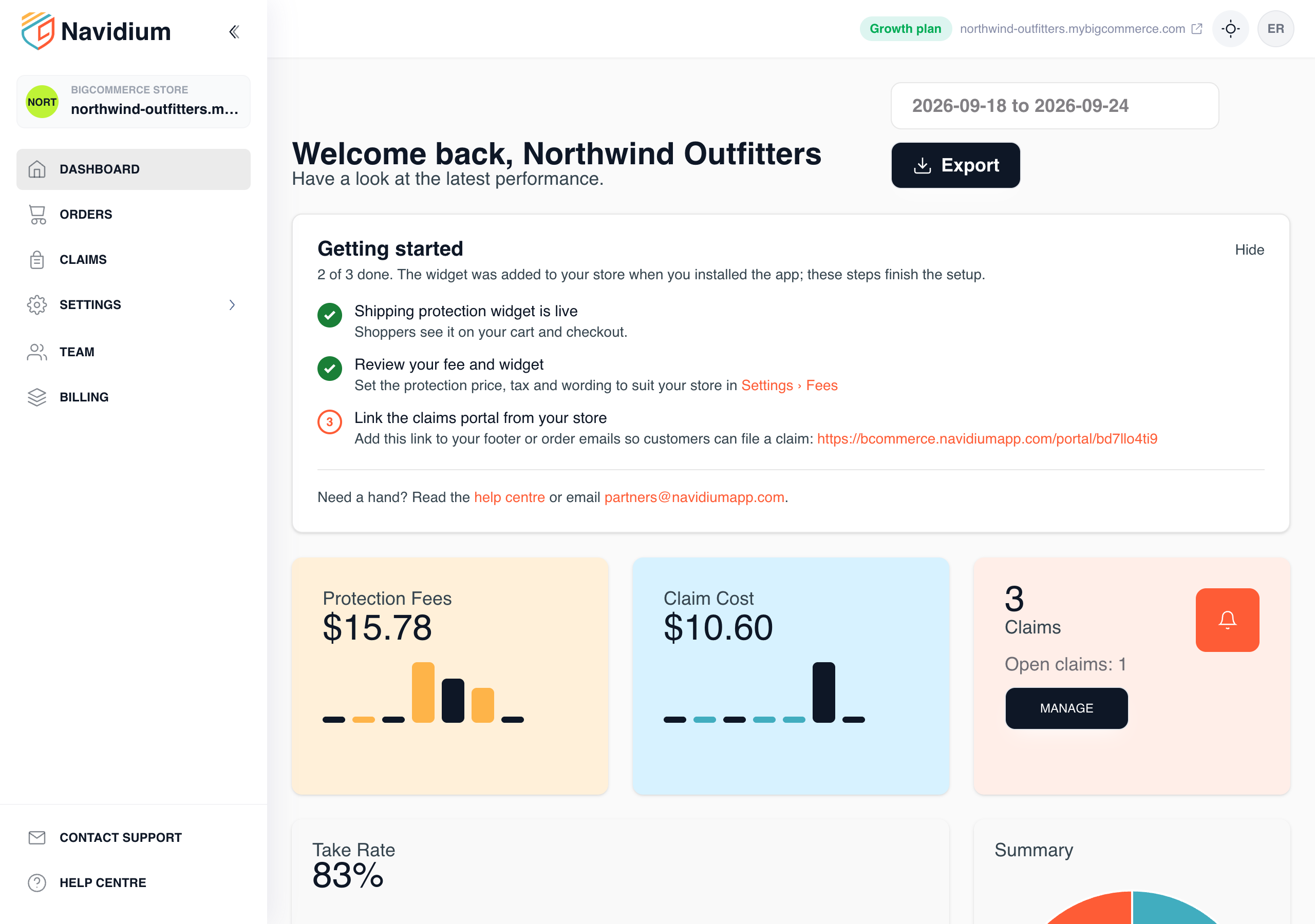 The dashboard: the setup checklist, then what protection earned and what claims cost.