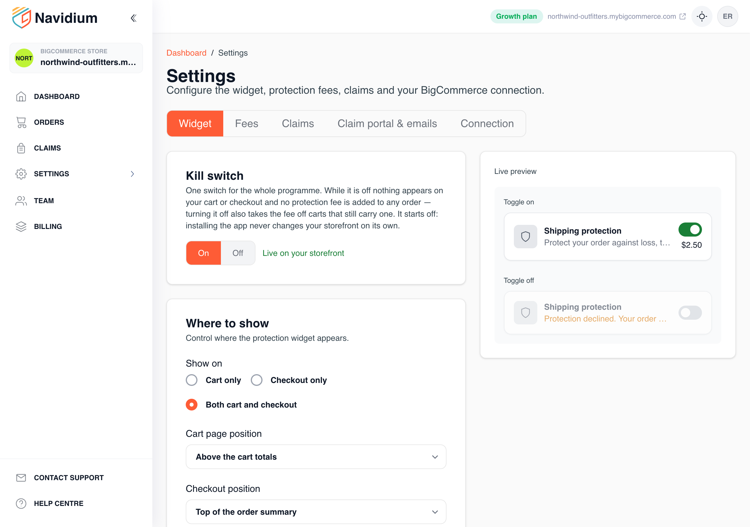 The kill switch sits at the top of Settings › Widget, with a live preview of what shoppers see.