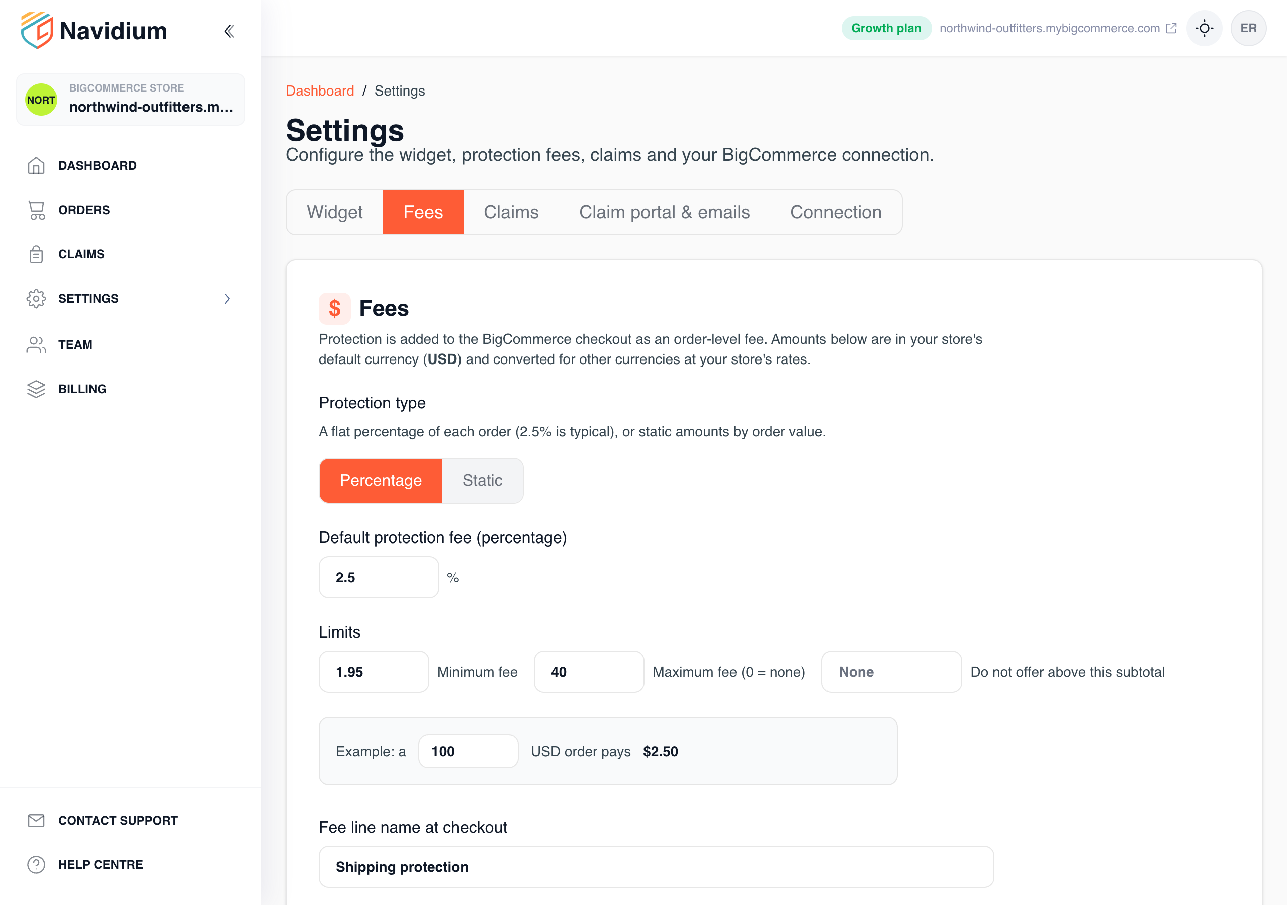 Settings › Fees: percentage or fixed tiers, minimum and maximum, opt-out and tax.