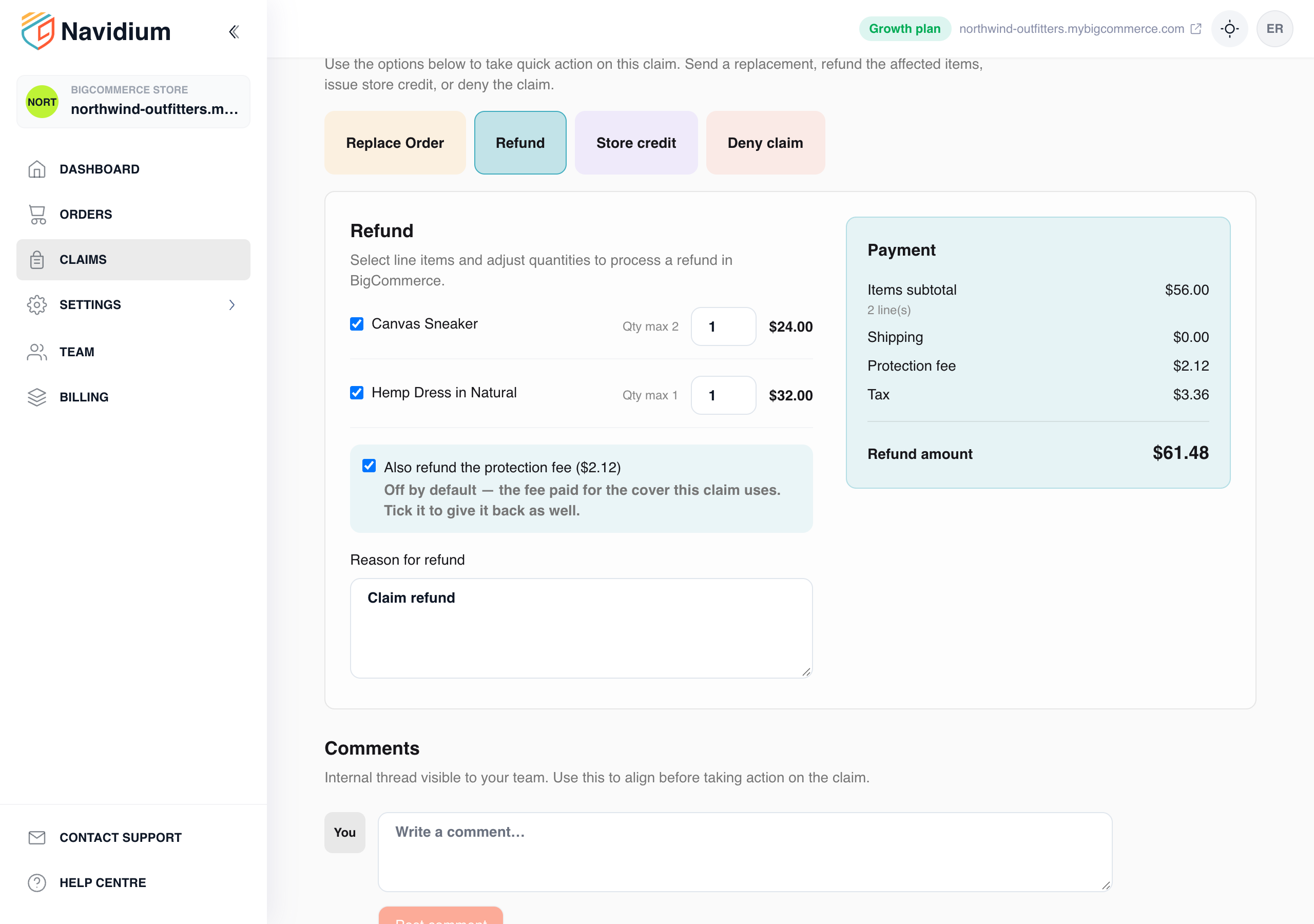 The refund panel with the protection fee ticked, so it joins the refund total.