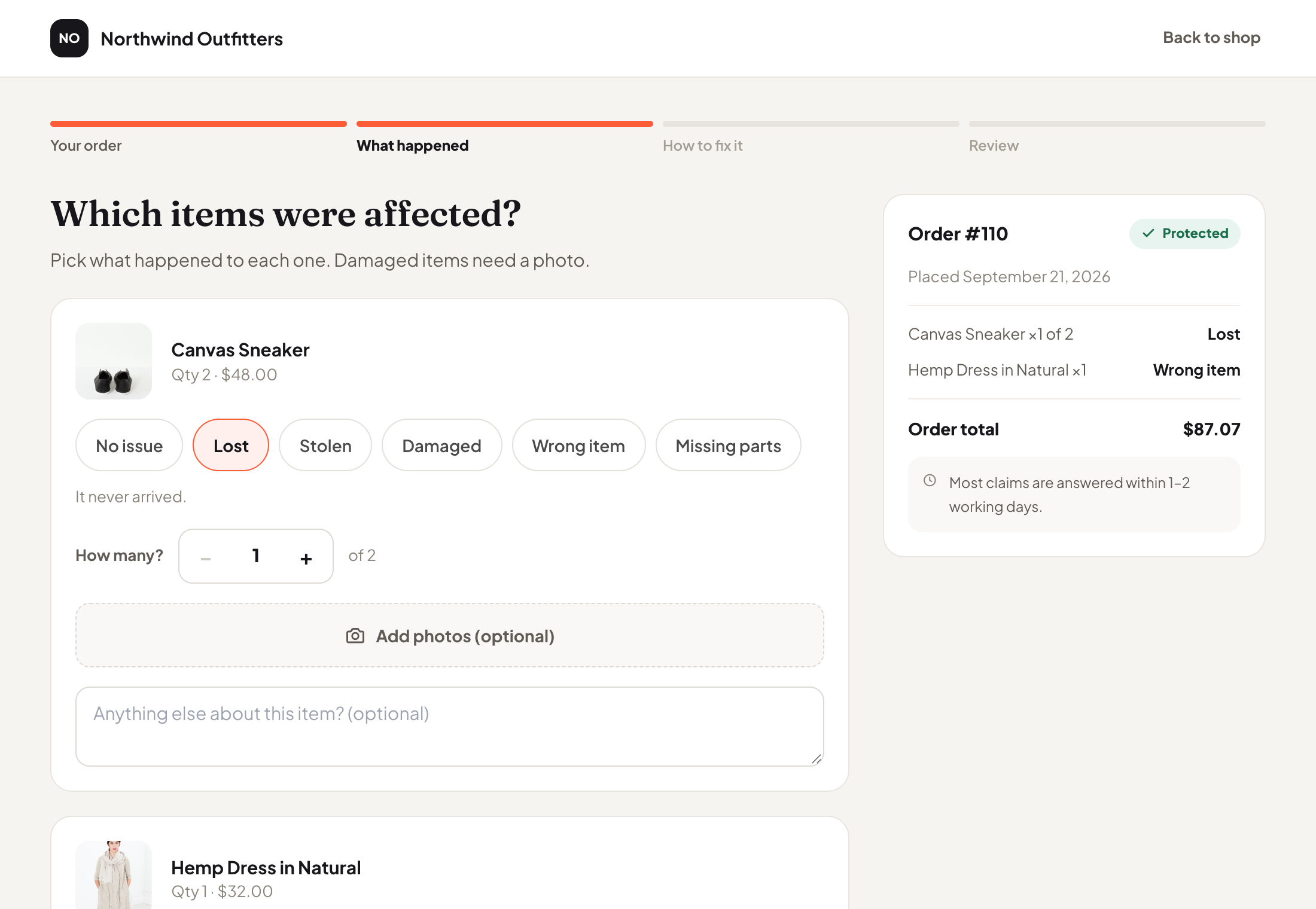 The customer's view: what happened to each item, and how many of it — with the store's own reasons.