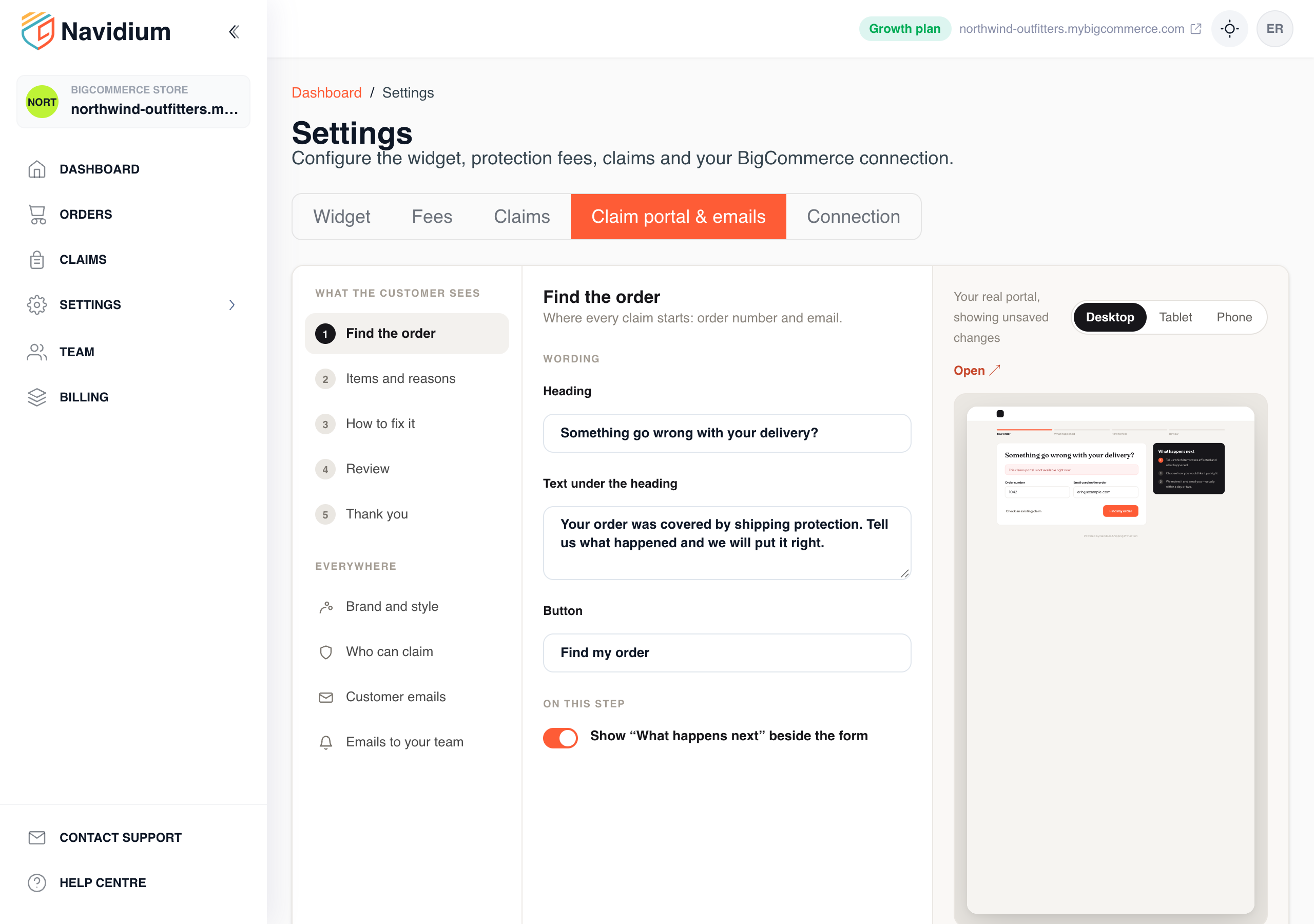 Settings › Claim portal & emails: pick a step, change its wording and settings, and the preview beside it shows your real portal.