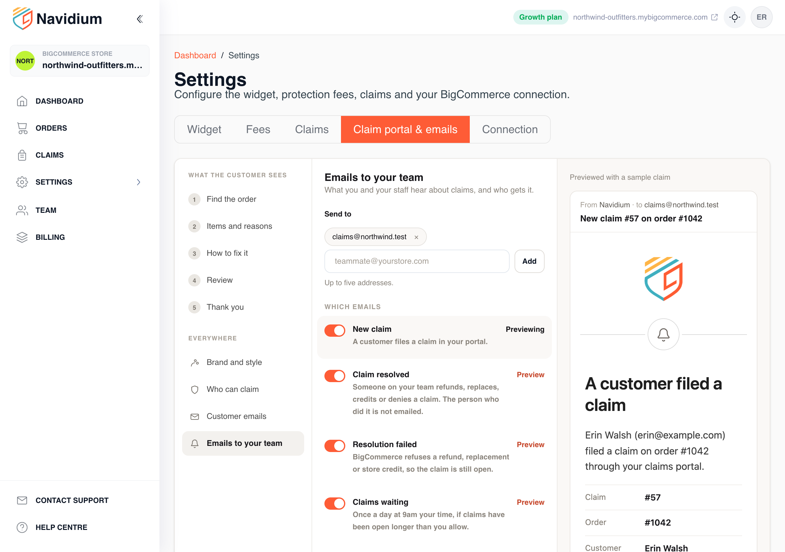 Emails to your team: who gets them, which ones go out, and a preview of each.